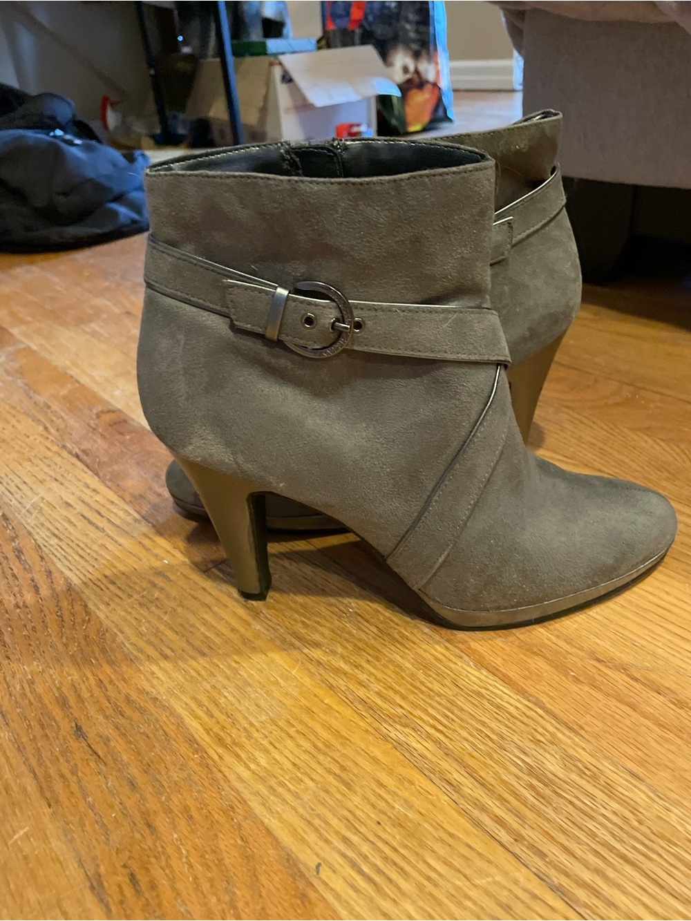 Christian Siriano Gray faux Suede Ankle Booties with Buckle Strap